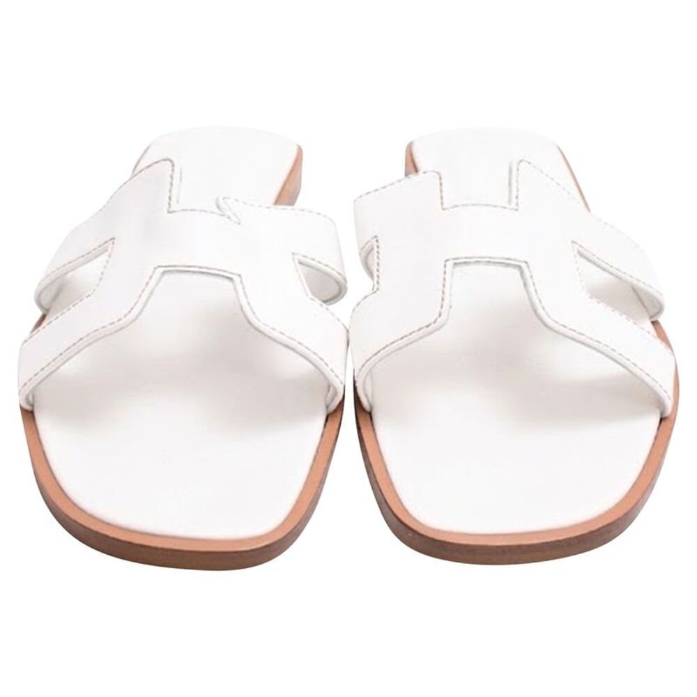 Hermès Oran Logo Slides in White Leather